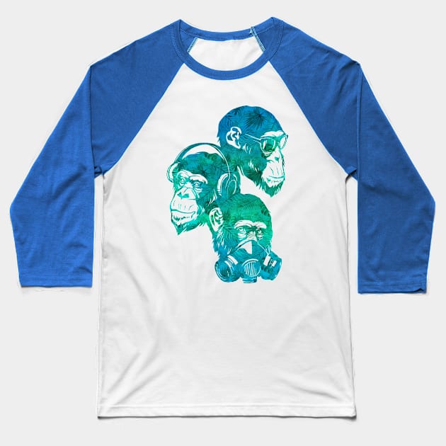 Three Monkey (Troical Blue) Baseball T-Shirt by TurkeysDesign